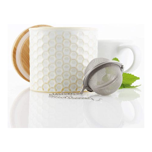 Chantal Ceramic Tea Caddy Set w/ Bamboo Lid and Tea Ball Infuser (White)