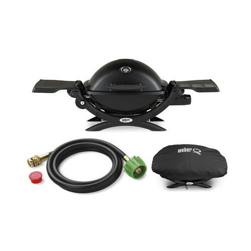 Weber Q1200 Liquid Propane Grill (Black) with Adapter Hose and Grill Cover