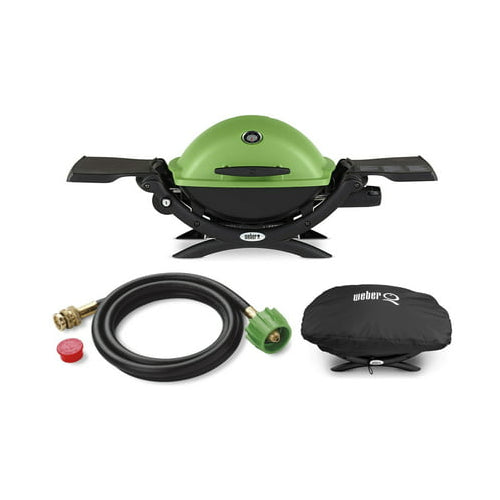 Weber Q 1200 Liquid Propane Grill (Green) with Adapter Hose and Grill Cover