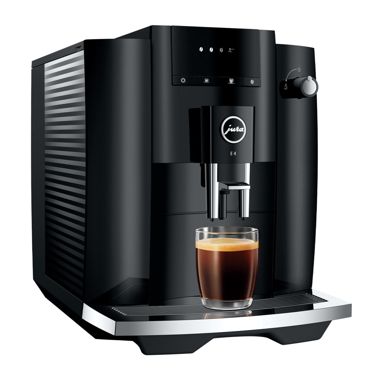 Jura E4 Coffee Machine (Piano Black) with Filter, Cleaning Tablets and Coffee