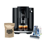 Jura E4 Coffee Machine (Piano Black) with Filter, Cleaning Tablets and Coffee
