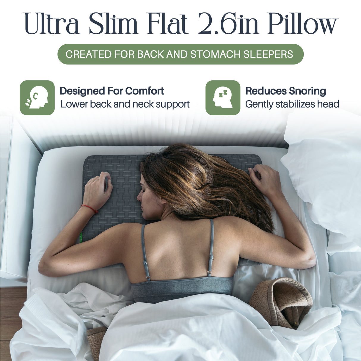 Umiboo by Focus Thin 2.5-Inch Memory Foam Pillow for Stomach and Back Sleepers (Gray)
