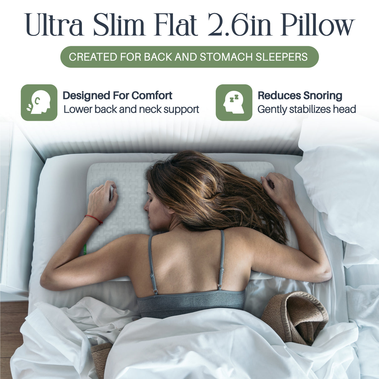 Umiboo by Focus Thin 2.5-Inch Memory Foam Pillow for Stomach and Back Sleepers (White)