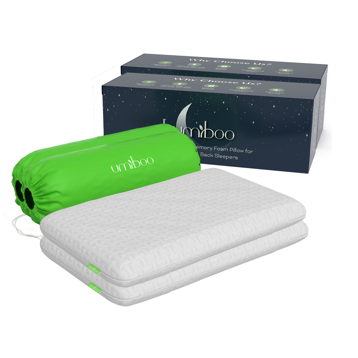 Umiboo by Focus Thin 2.5-Inch Memory Foam Pillow, 2-Pack (White)