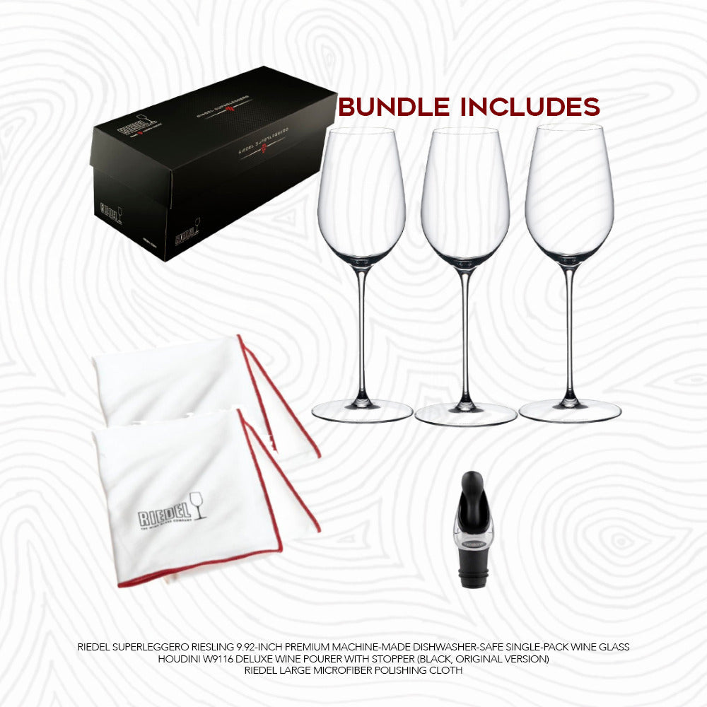 Riedel Supperleggero Riesling Wine Glass (3) with Cloth, and Pourer with Stopper