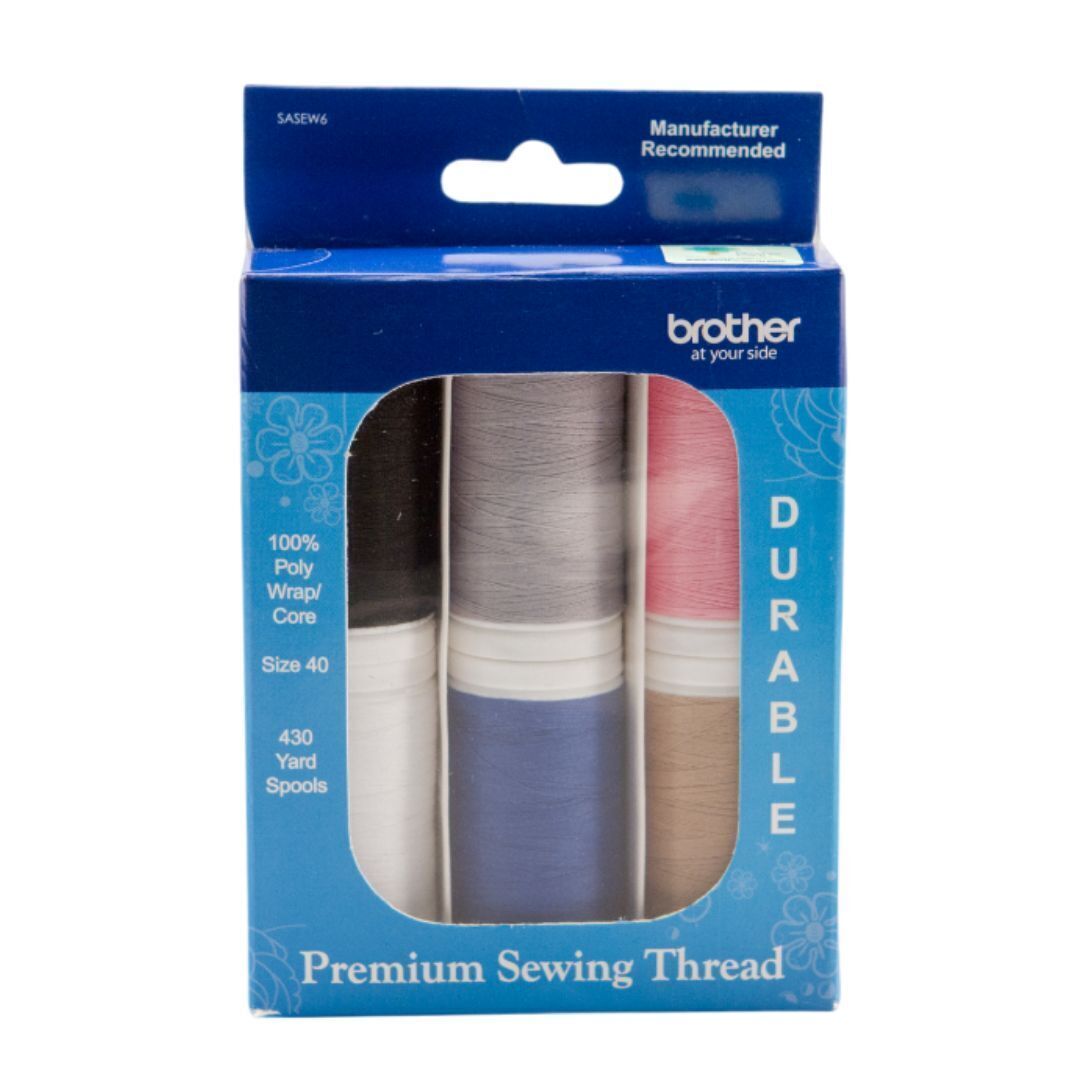 Brother SASEW6 6 Pc Sewing Thread, Black, White, Grey, Blue, Pink, Taupe