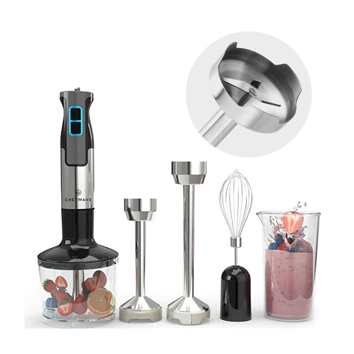 ChefWave Intermix 500-Watt 9-Speed Immersion Hand Blender, 2 Wands, Beaker, Whisk, Chopper