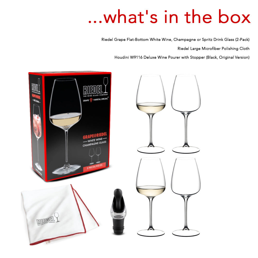 Riedel Grape White Wine or Spritz Glass (Set of 4) with Cloth and Wine Pourer