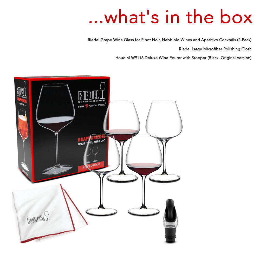 Riedel Grape Pinot Noir, Wine Glass (4) with Cloth and Wine Pourer Bundle