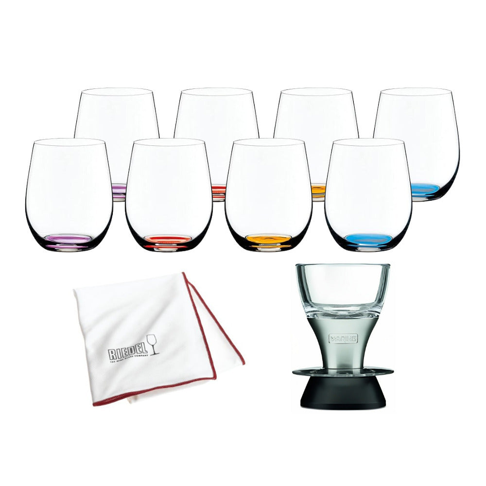 Riedel O Wine Tumbler Happy O (8-Pack) with Polishing Cloth and Wine Aerator