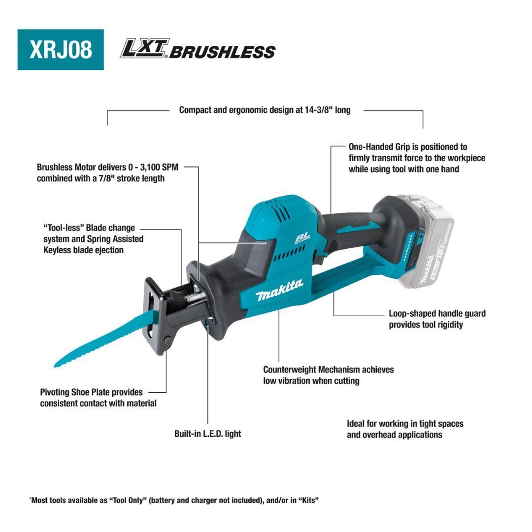 Makita XRJ08Z 18V LXT Lithium-Ion Brushless Cordless Recipro Saw Tool