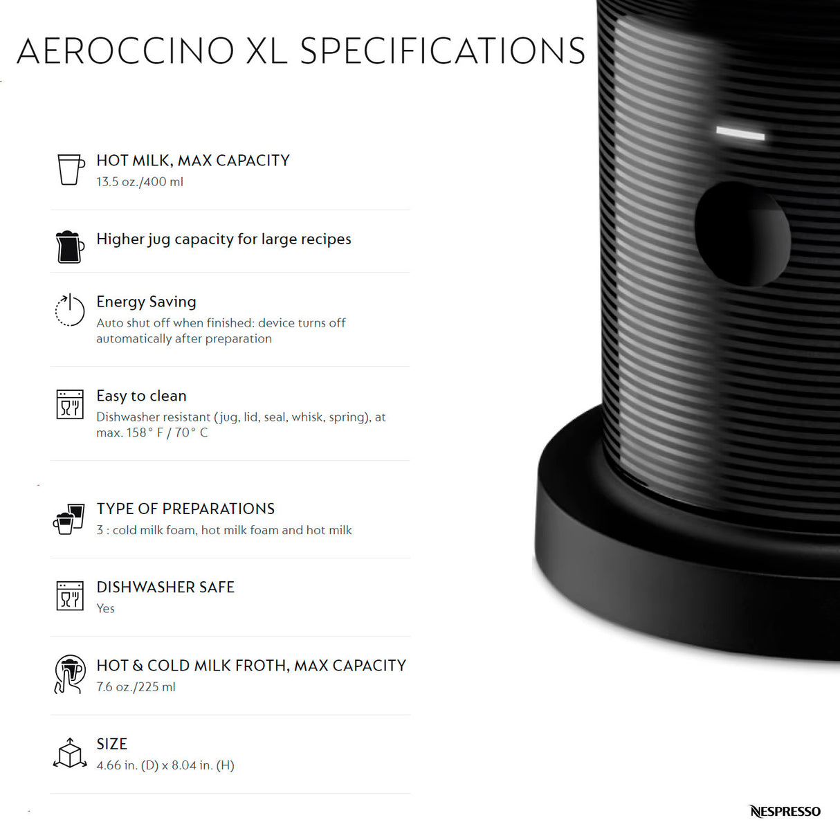 Nespresso Aeroccino XL Milk Frother with Three Styles of Milk Froth and Auto Shut-Off Feature