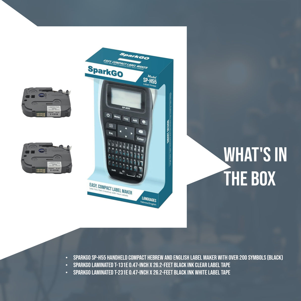arkGo SP-H55 Hebrew/English Label Maker Bundle with T-231E & T-131E Label Tapes
