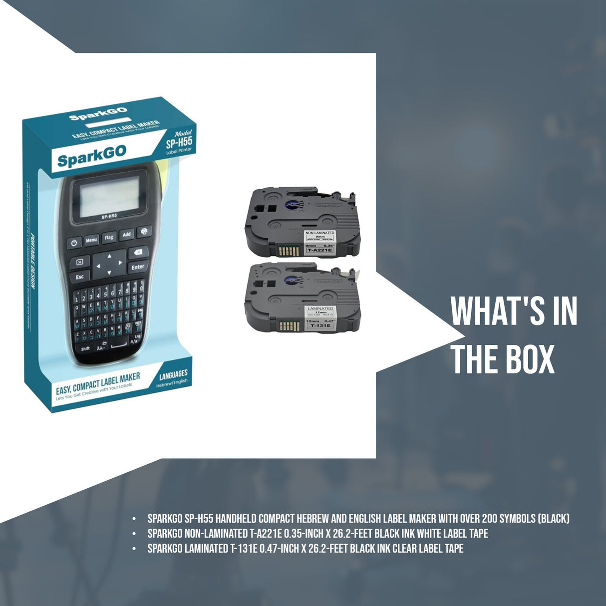 SparkGo SP-H55 Hebrew/English Label Maker Bundle w/ T-A221E & T-131E Label Tapes