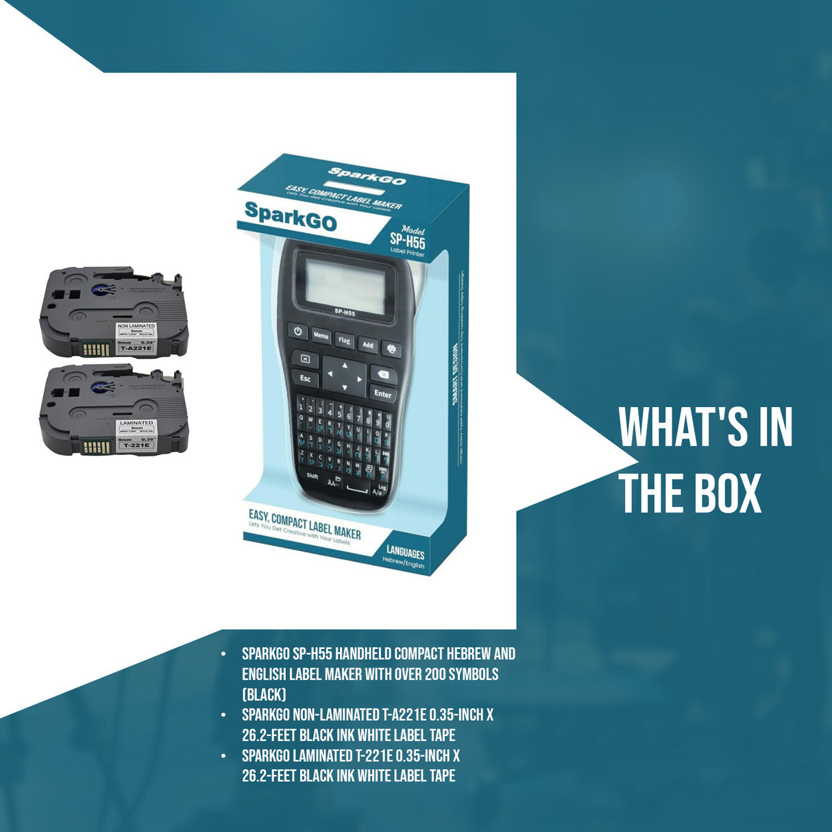 SparkGo SP-H55 Hebrew & English Label Maker Bundle (Black) w/ T-221E & T-A221E