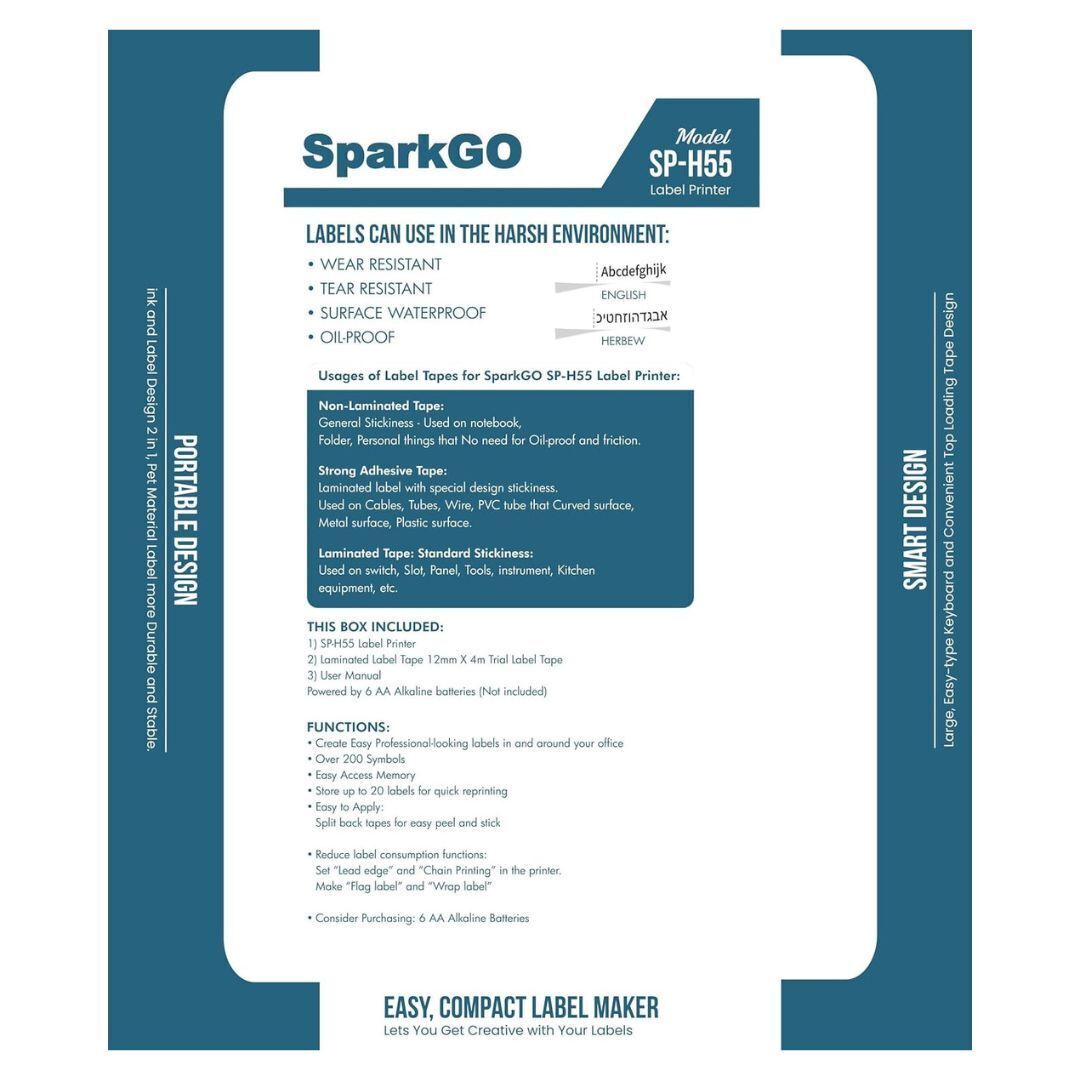 SparkGo SP-H55 Hebrew & English Label Maker Bundle (Black) w/ T-221E & T-A221E