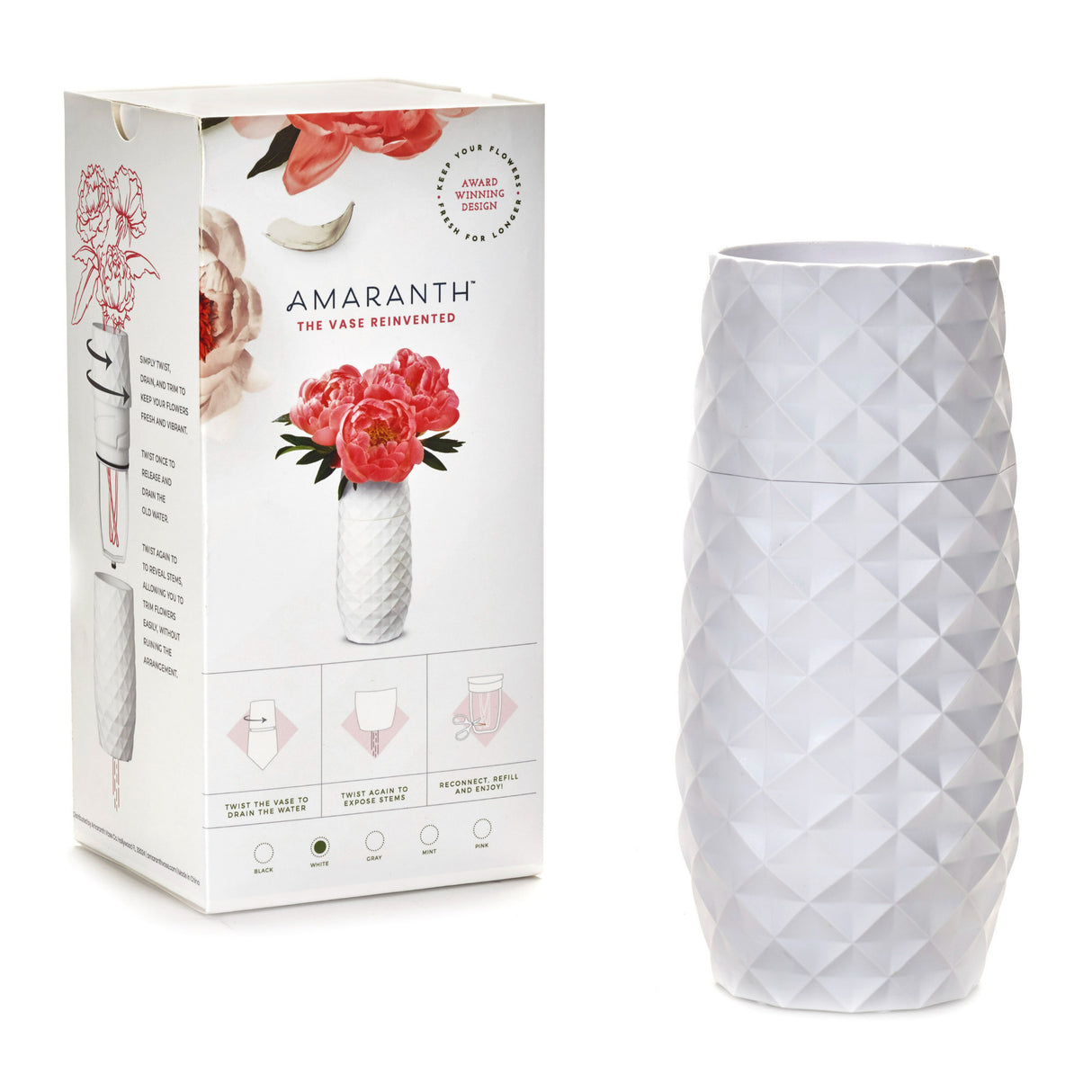 Amaranth 10-Inch Floral Care Impact Resistant Smarter Vase (White)