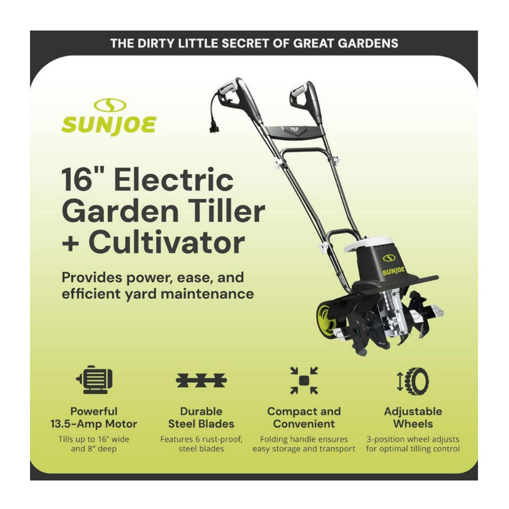 Sun Joe TJ604E 16 Inch Electric Garden Tiller and Cultivator with 6 Steel Tines