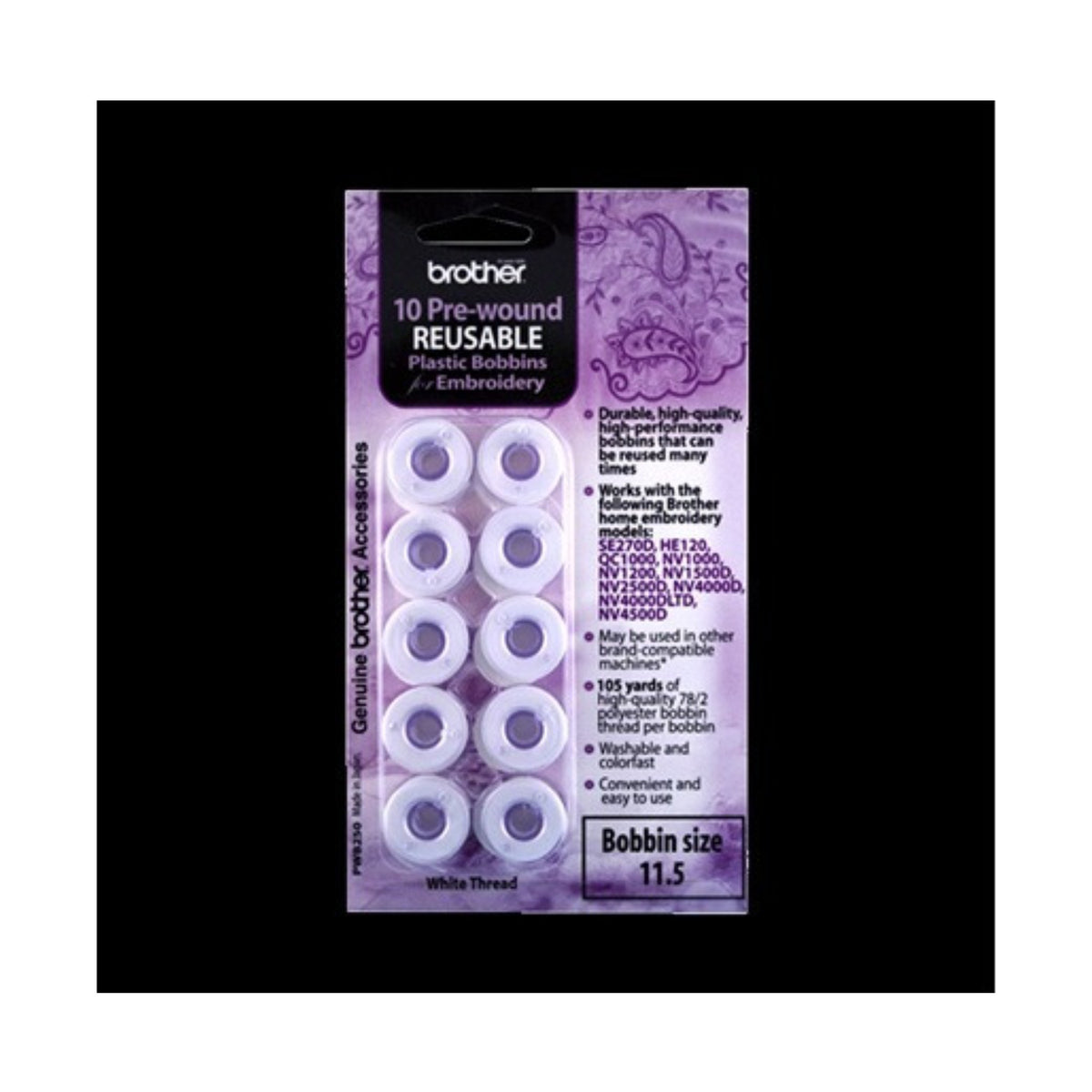 Brother Pre-Wound Embroidery Bobbins - 10-Pack & 105 Yards/Bobbin