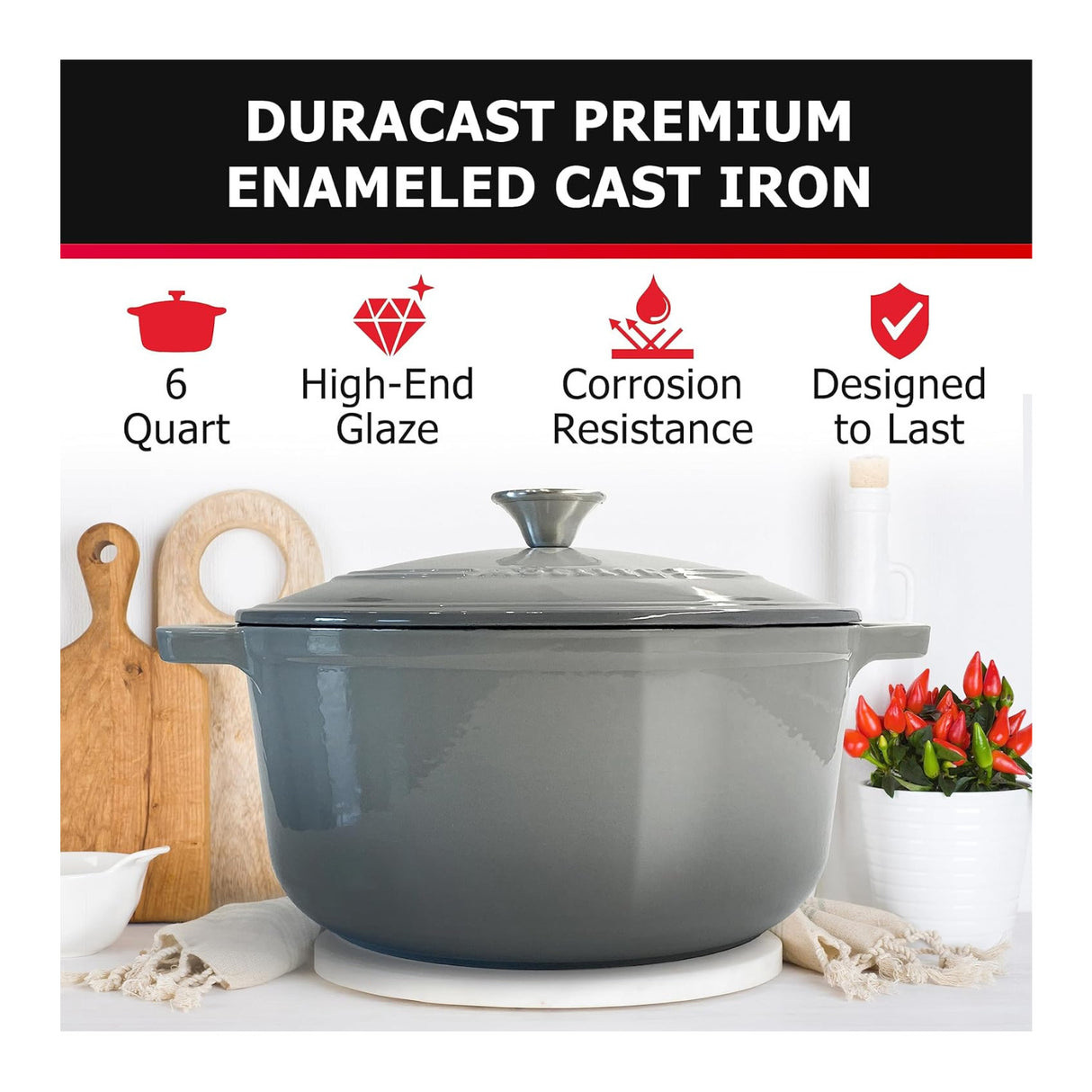 Mueller DuraCast 6-Quart Enameled Cast Iron Dutch Oven with Lid (Grey)