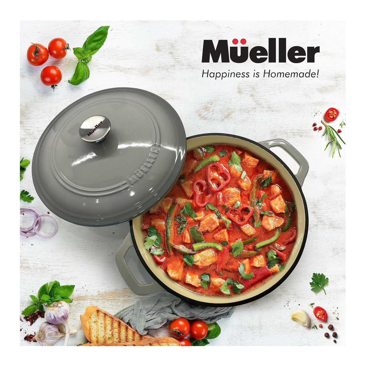 Mueller DuraCast 6-Quart Enameled Cast Iron Dutch Oven with Lid (Grey)