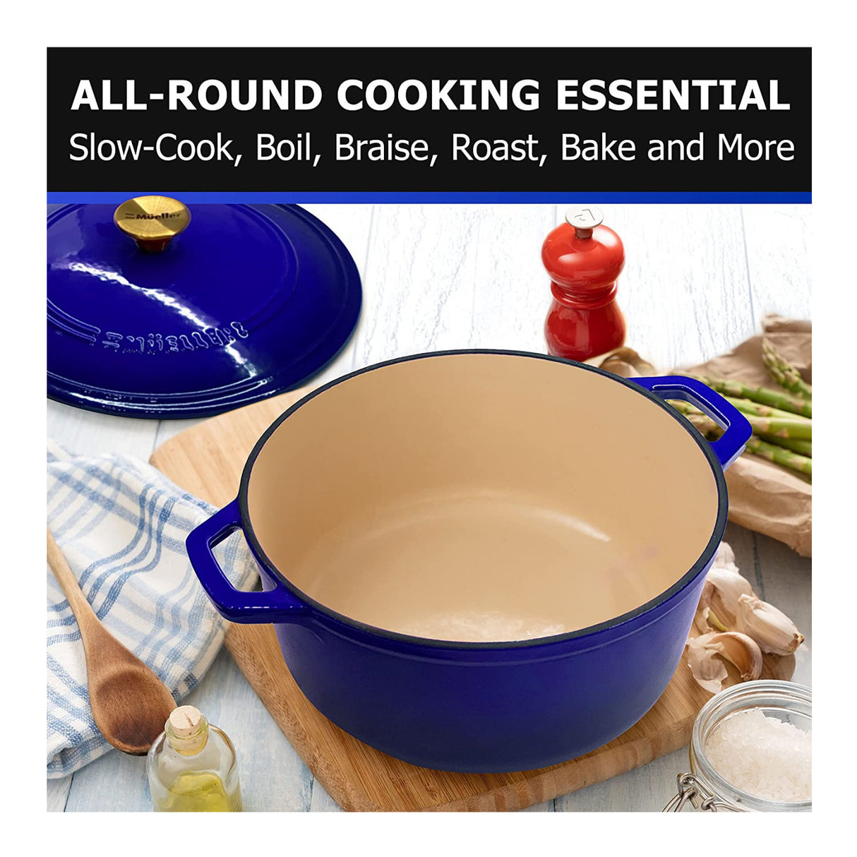 Mueller DuraCast 6-Quart Enameled Cast Iron Dutch Oven with Lid (Blue)