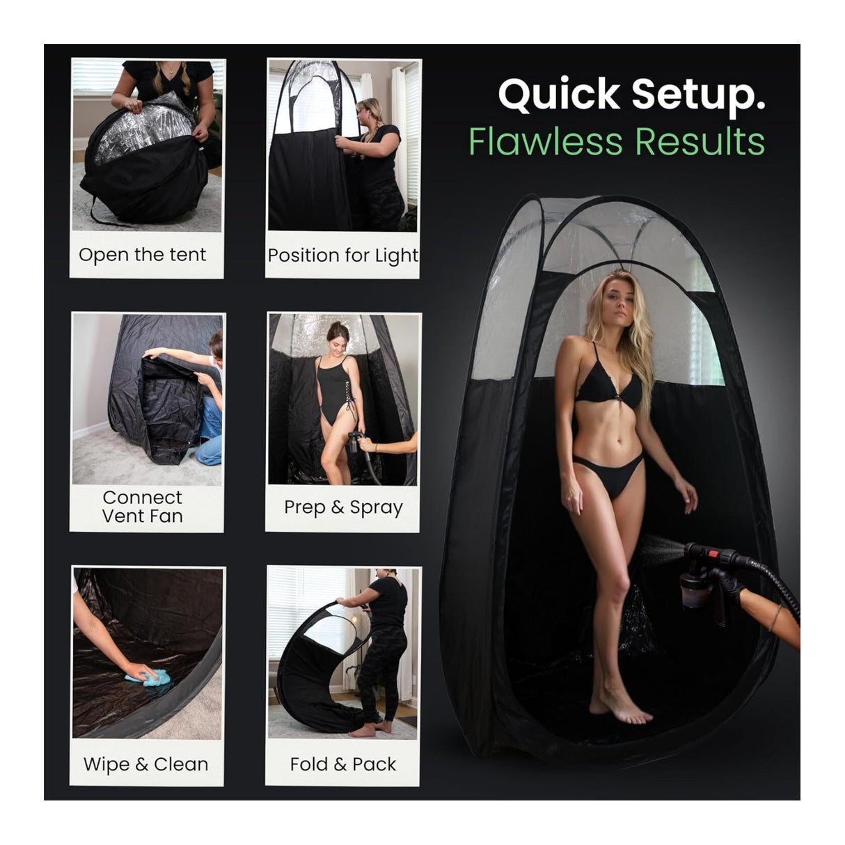 Large Pop-Up Spray Tan Tent with Clear Panel and Fan Opening (Black)