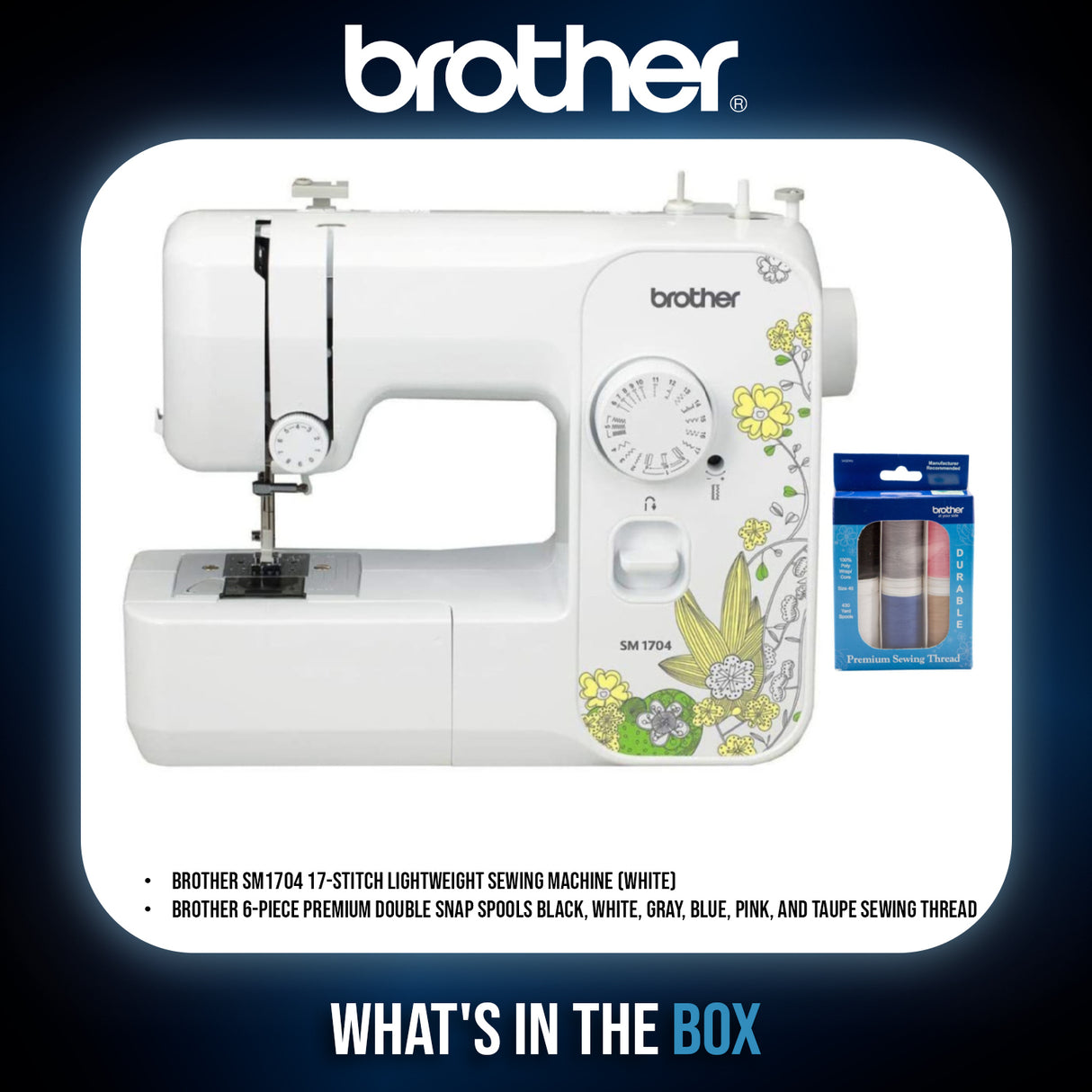 Brother SM1704 17-Stitch Lightweight Sewing Machine (White) and Thread Bundle