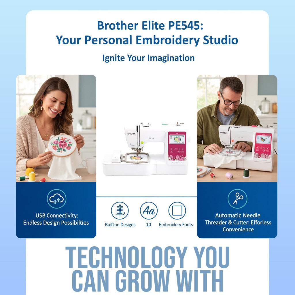 Brother Elite PE545 Computerized LCD Display Embroidery Machine Bundle (4 Items)