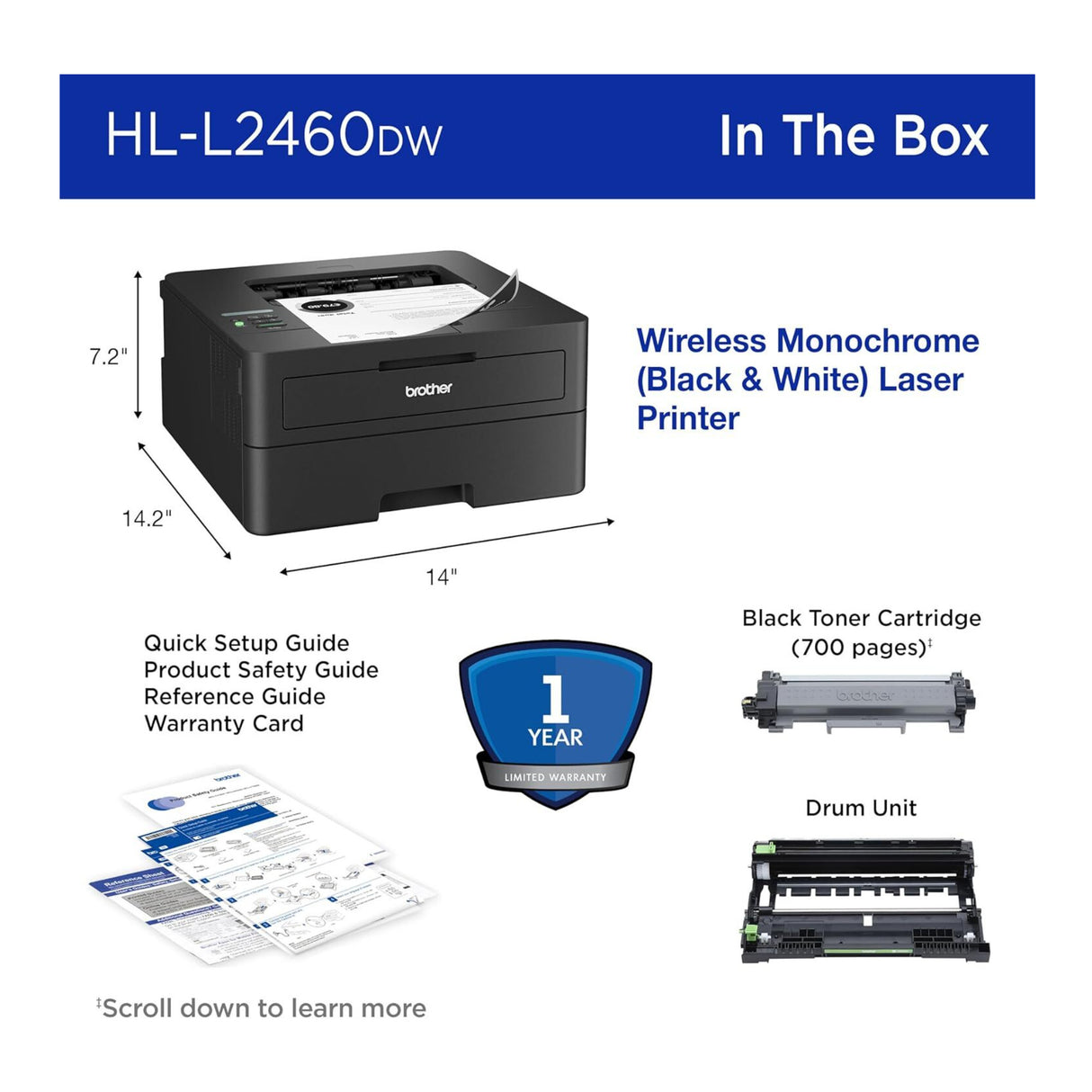 Brother HL-L2460DW Wireless Compact Monochrome Laser Printer (Black)