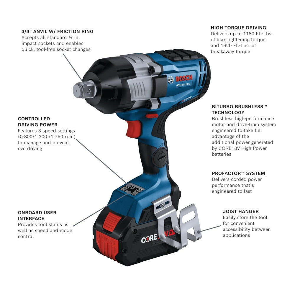 BOSCH GDS18V-1180CB28 PROFACTOR 18V Connected-Ready 3/4-Inch Wrench Kit
