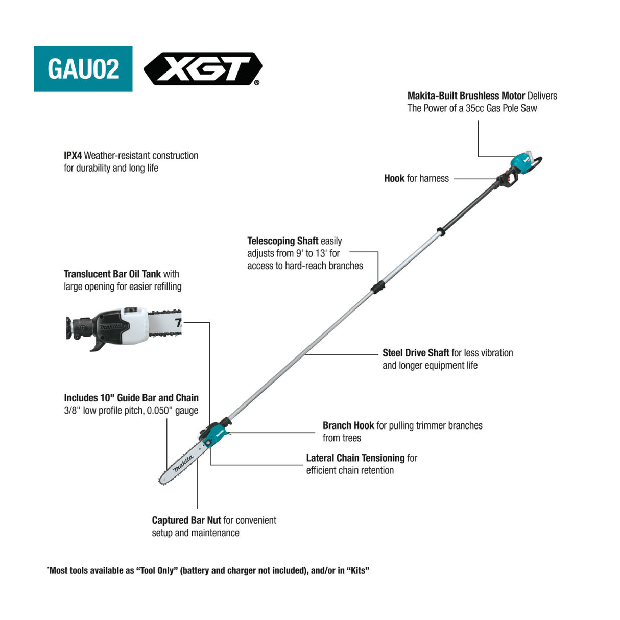 Makita GAU02M1 40V Max XGT Brushless 10-Inch Telescoping Pole Saw Kit