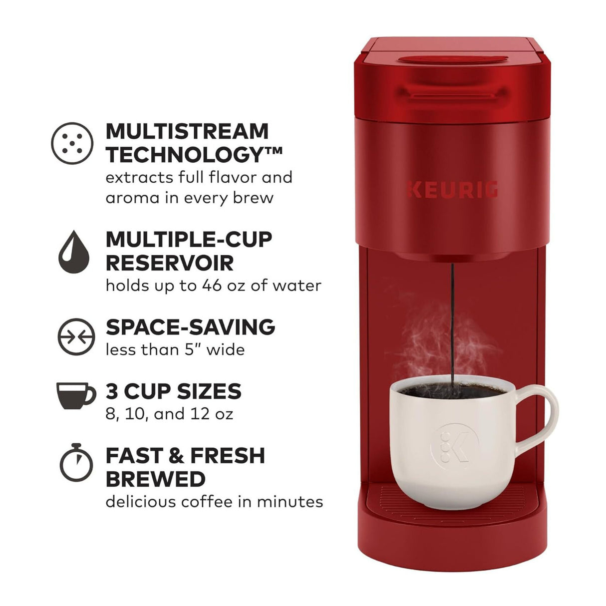 Keurig K-Slim Single Serve K-Cup Pod Coffee Maker 3 Brew Sizes 46oz (Red)