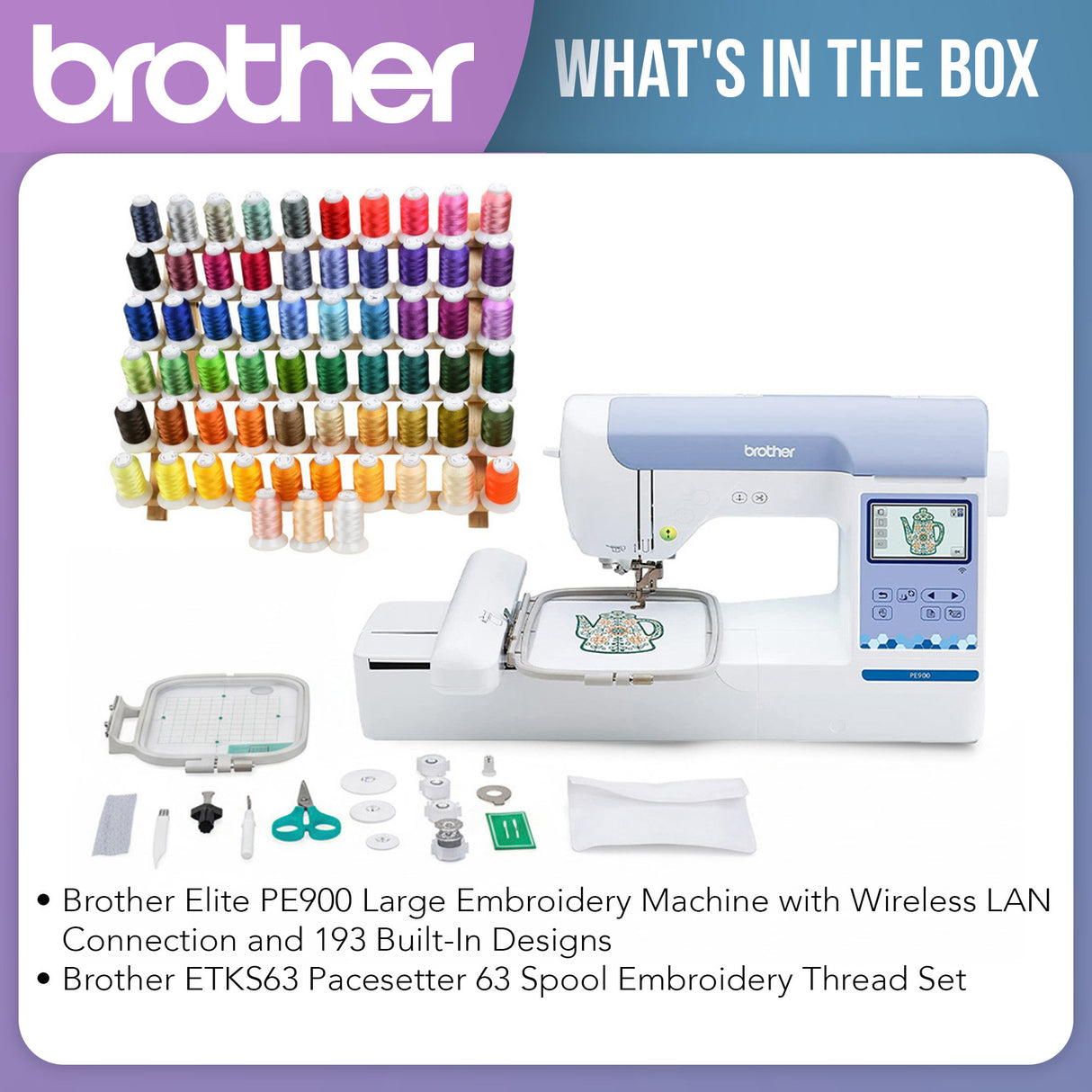 Brother Elite PE900 Embroidery Machine Bundle with 63-Color Thread Set