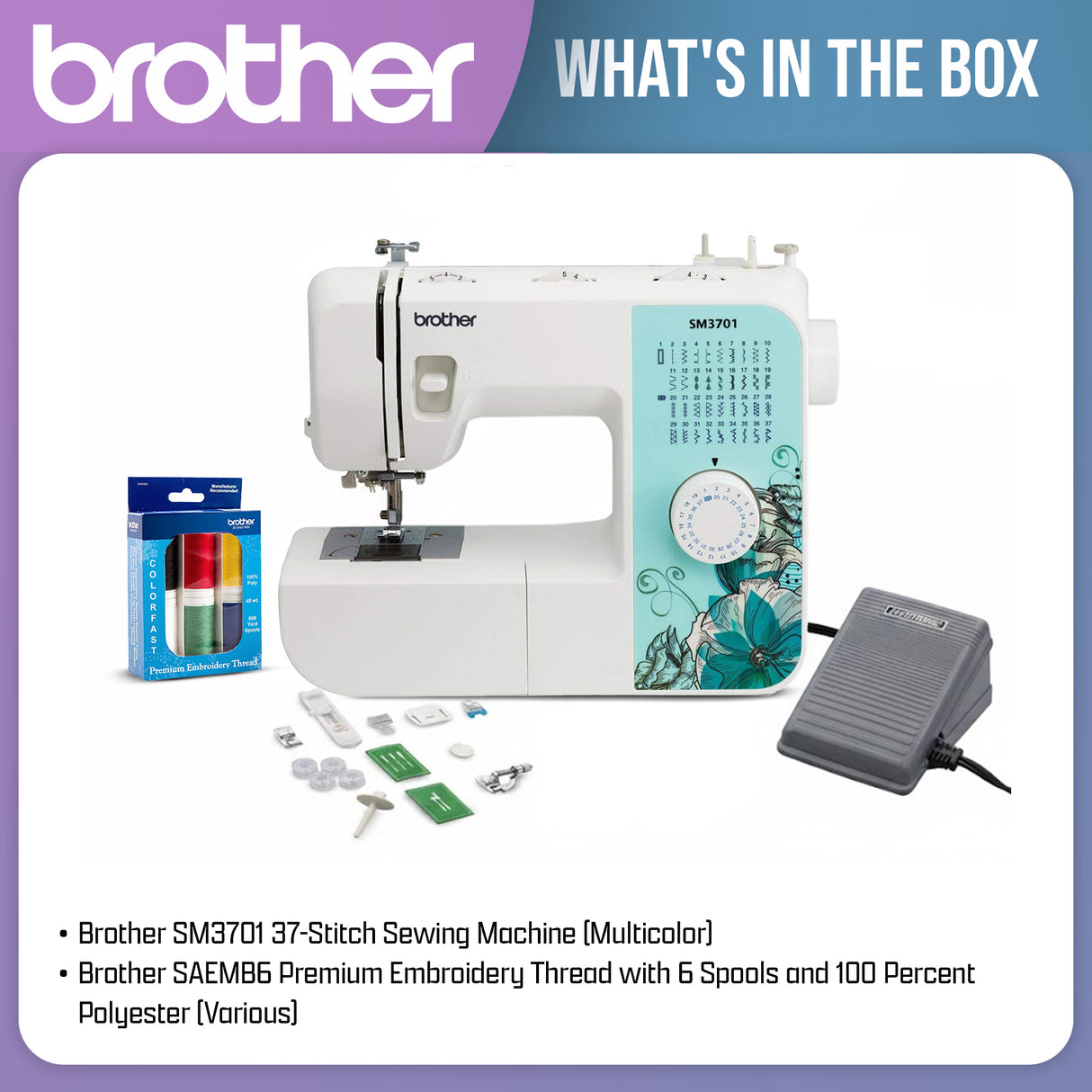 Brother SM3701 37-Stitch Sewing Machine (Multicolor) with Embroidery Thread