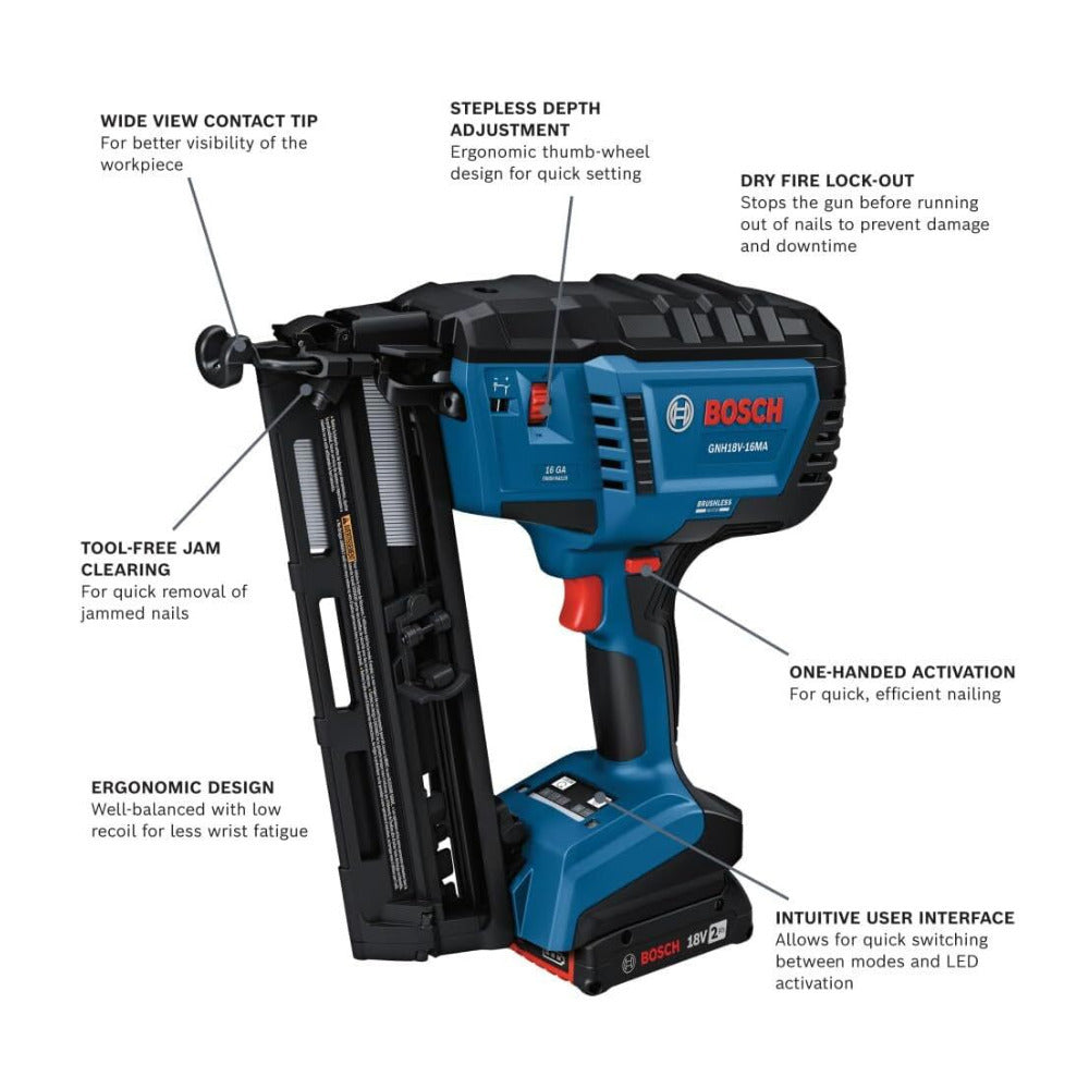 Bosch GNH18V-16MAB12 18V Brushless 16-Gauge Angled Finish Nailer Kit (Certified Refurbished)