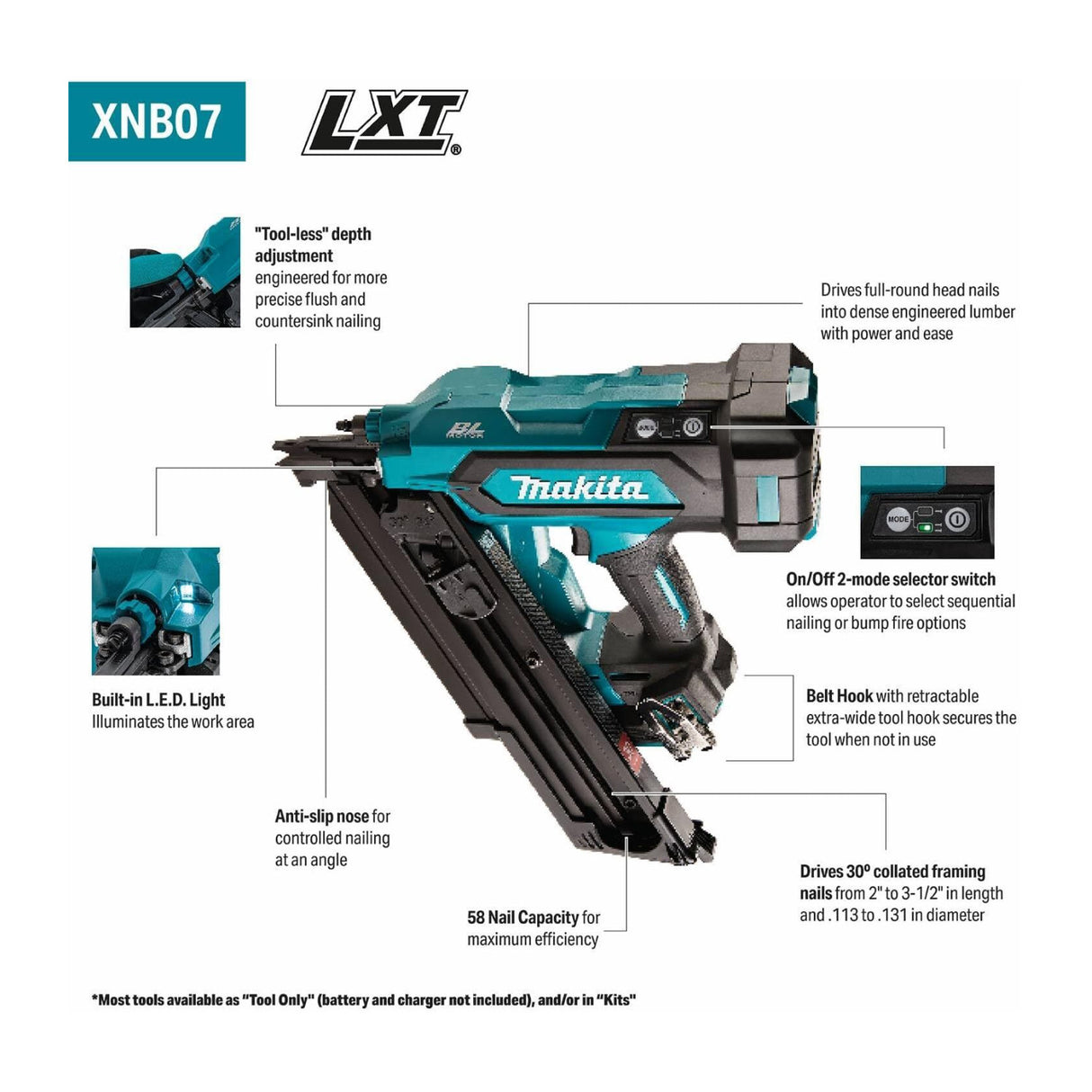 Makita 18V LXT Li-Ion 30 Degree 3-1/2 Inch Cordless Framing Nailer (Tool Only)
