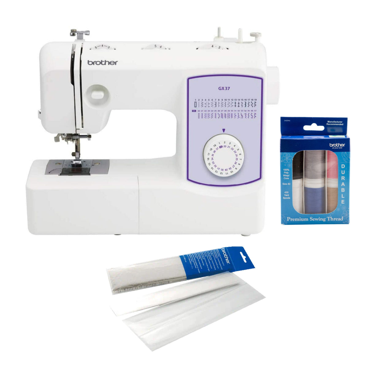 Brother GX-37 Sewing Machine with 6-Piece Double Snap Spools & Stabilizer Bundle