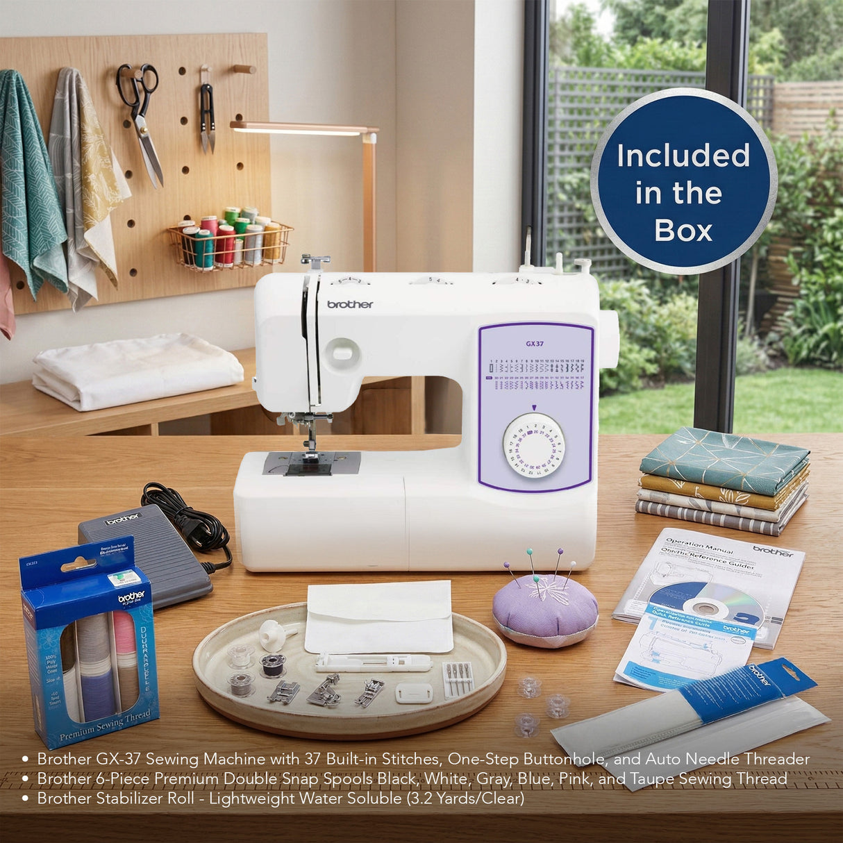 Brother GX-37 Sewing Machine with 6-Piece Double Snap Spools & Stabilizer Bundle