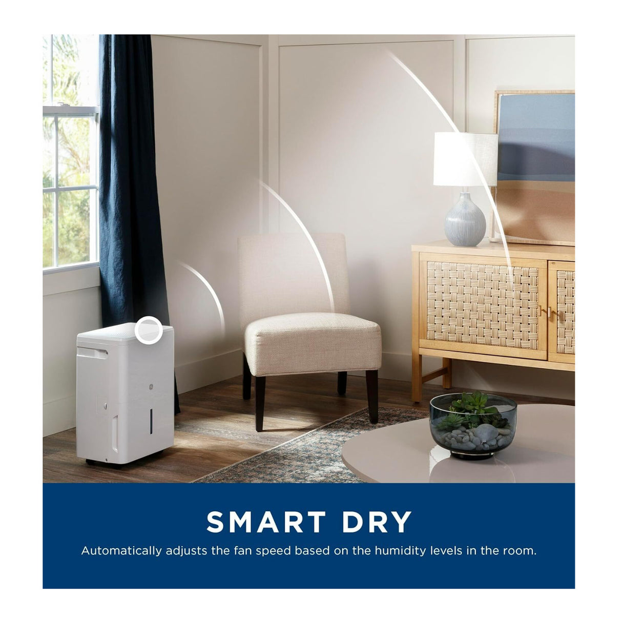 GE 50 Pint Portable Dehumidifier with Built-in Pump and Smart Dry for Wet Spaces