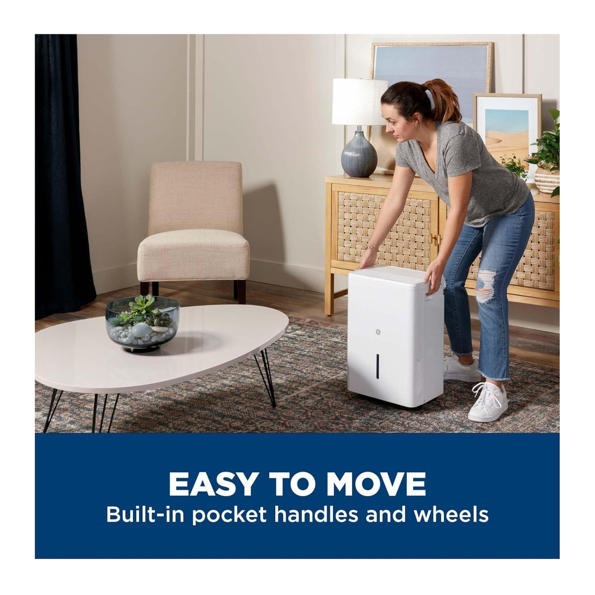 GE 50 Pint Portable Dehumidifier with Smart Dry for Wet Spaces and Ultra Quiet