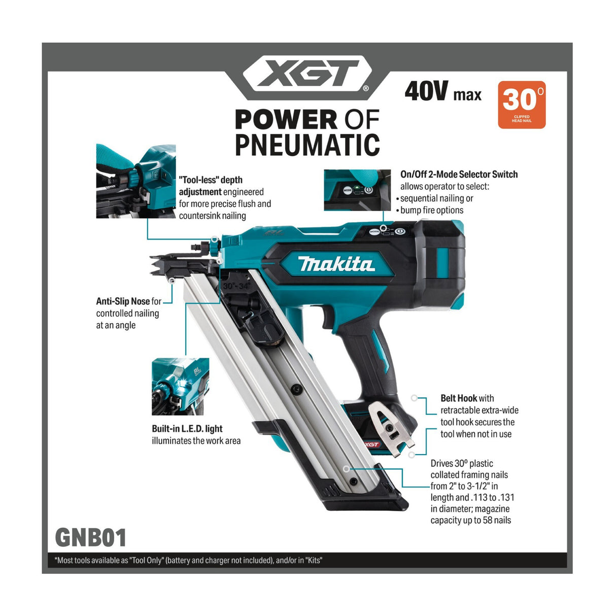 Makita 40V max XGT Brushless 30-Degree Clipped Head 31/2-Inch Framing Nailer