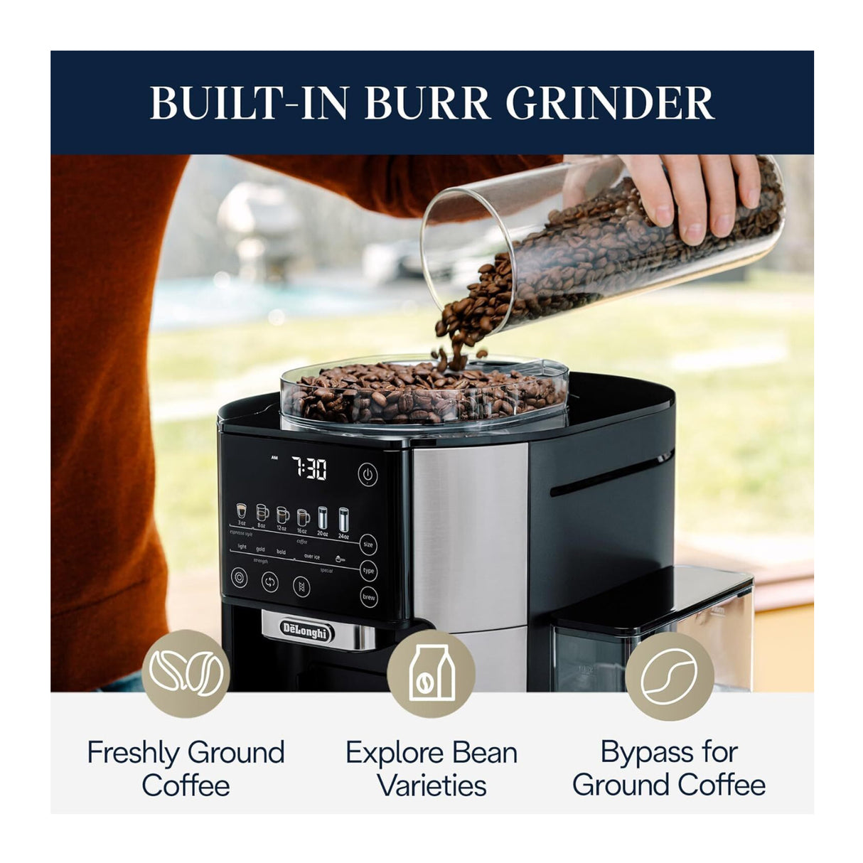 De'Longhi True Brew Drip Coffee Maker with Built in Grinder, Single Serve (Stainless)