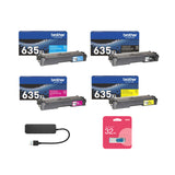 Brother TN635XL High-Yield Toner Cartridges 4-Color Bundle with 4-Port USB Hub and Flash Drive