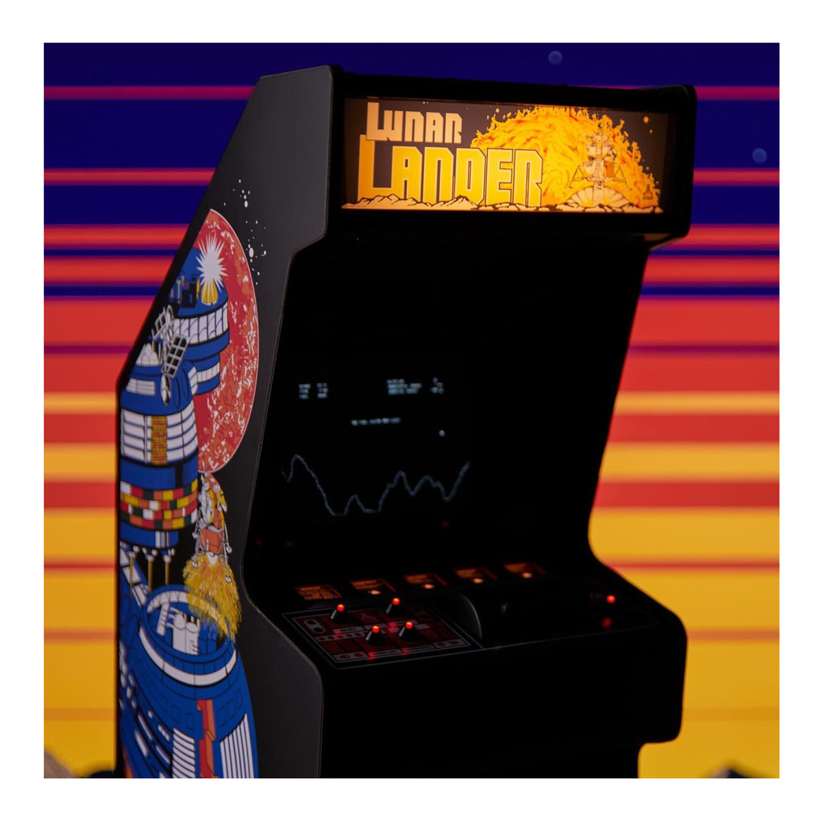 Quarter Arcades Lunar Lander Replica Mini Arcade Machine Bundle with Bar Stool and Gumball Machine