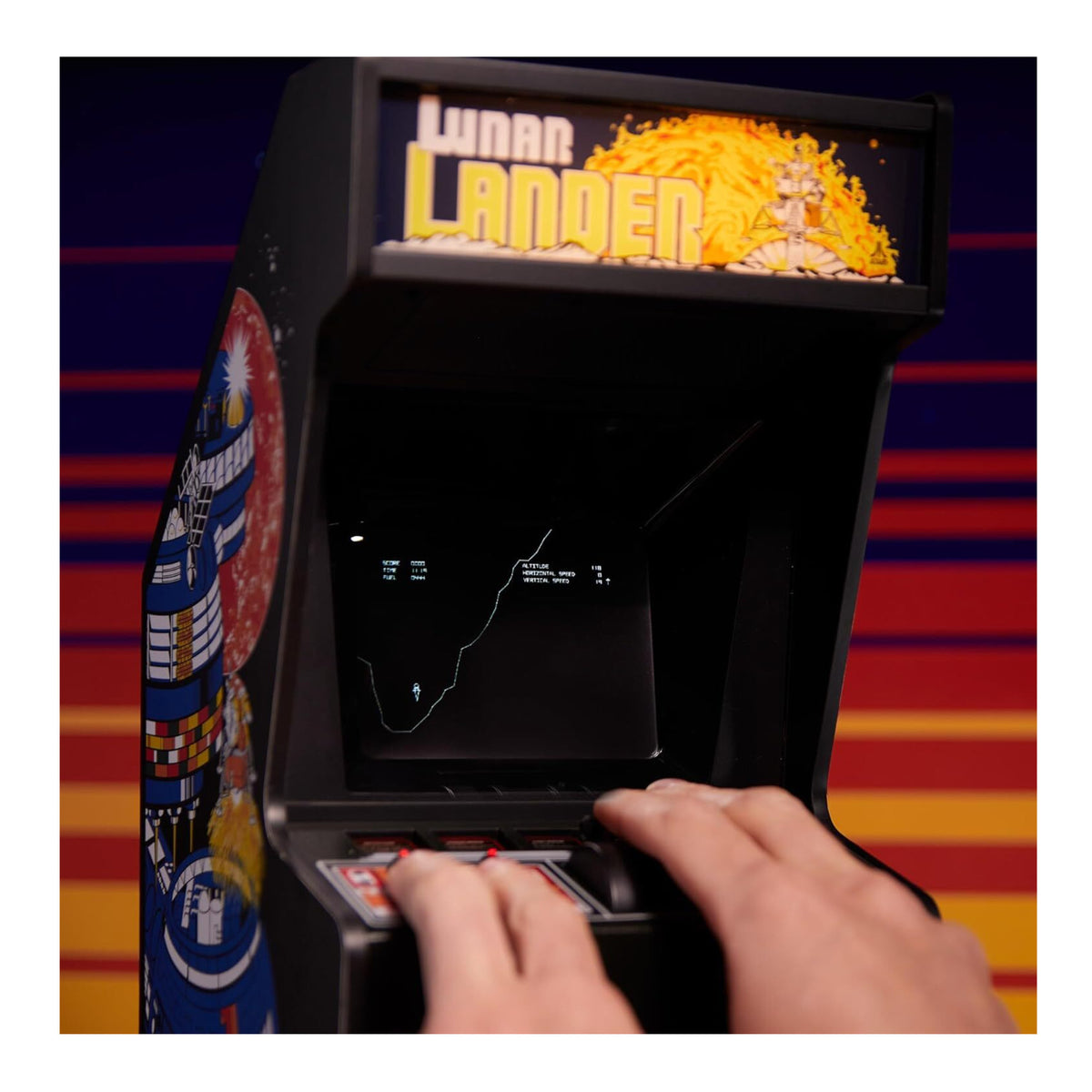 Quarter Arcades Lunar Lander Replica Mini Arcade Machine Bundle with Bar Stool and Gumball Machine