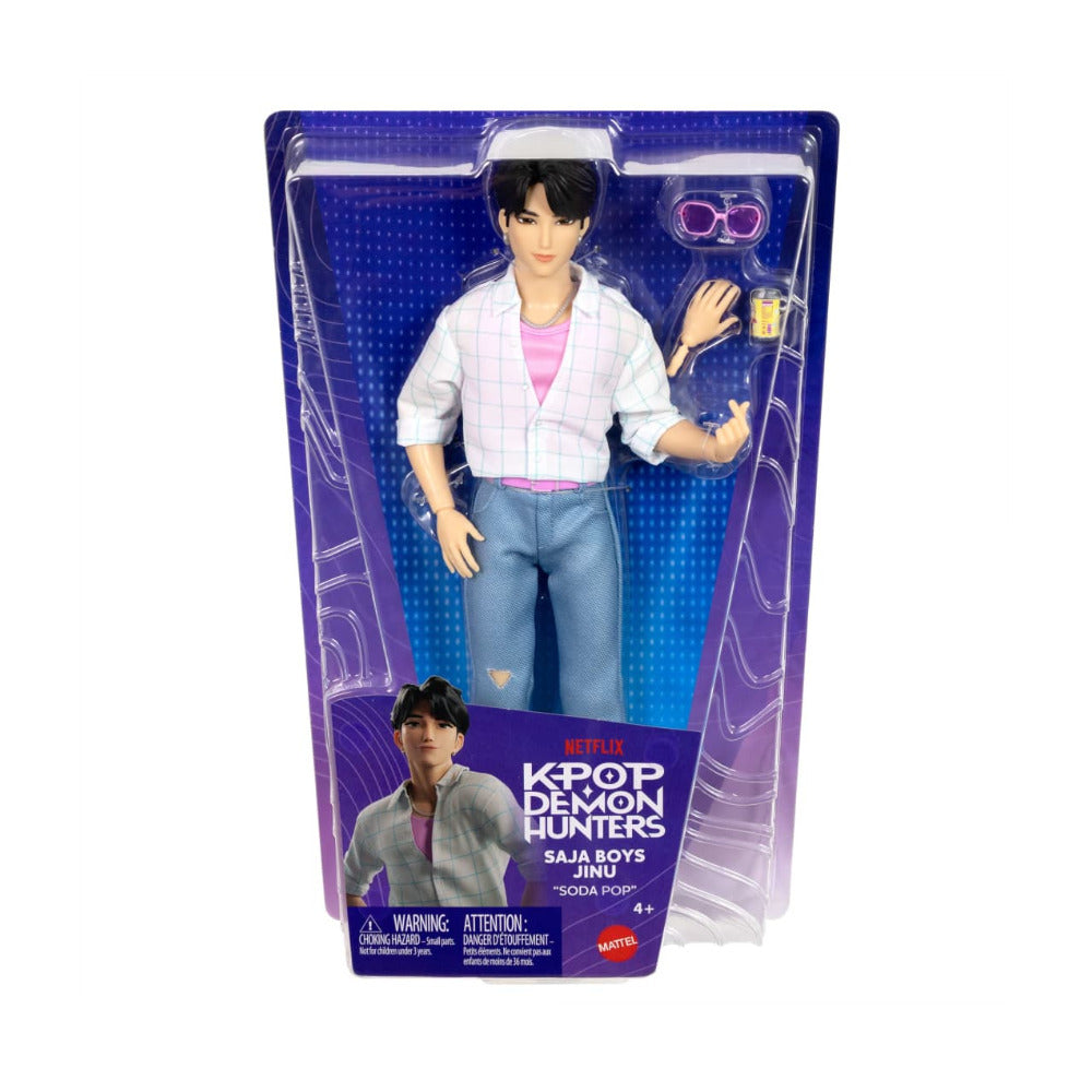 Mattel KPop Demon Hunters Saja Boys Jinu Soda Pop Performance Fashion Doll with Pink Glasses and Can