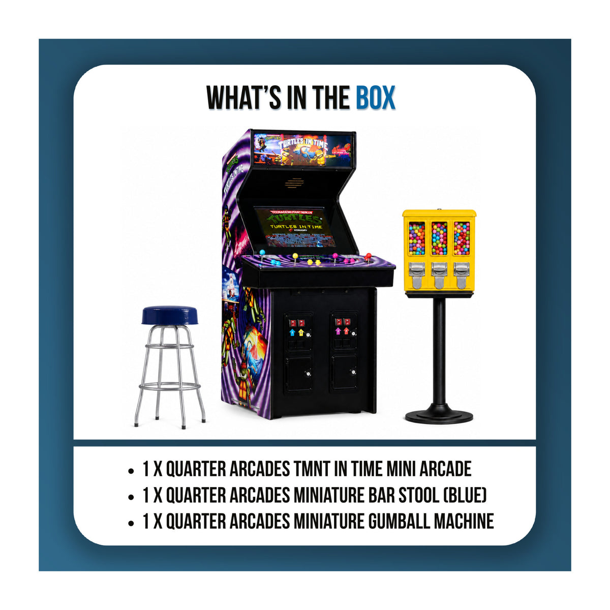 Quarter Arcades Teenage Mutant Ninja Turtles in Time Mini Arcade with Bar Stool and Gunball Machine