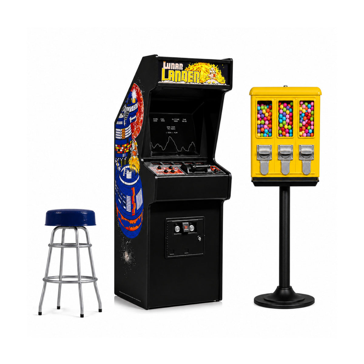 Quarter Arcades Lunar Lander Replica Mini Arcade Machine Bundle with Bar Stool and Gumball Machine
