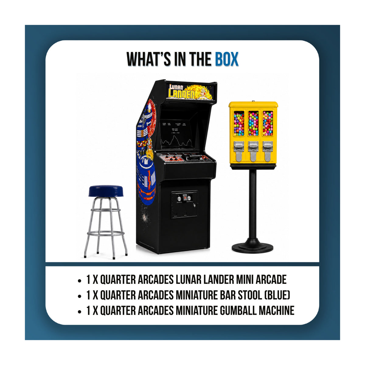 Quarter Arcades Lunar Lander Replica Mini Arcade Machine Bundle with Bar Stool and Gumball Machine